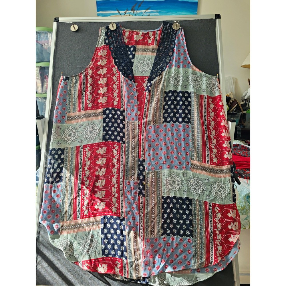 E.ST. 1946 Womens 22W Multicolor Patchwork V-Neck Sleeveless Polyester Top
